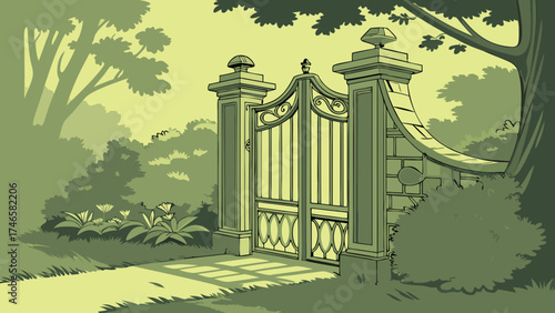 Ornate Garden Gate Entrance in Lush Greenery.