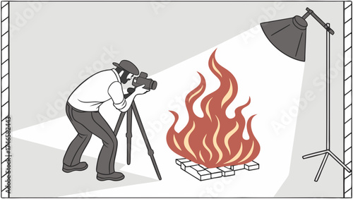 Photographer shooting burning object in studio with lighting equipment.