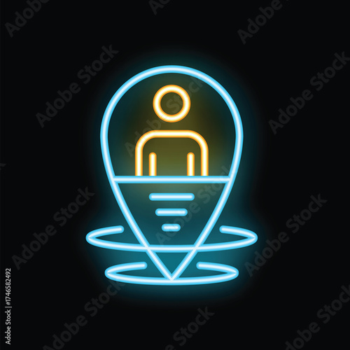 Neon location pin glowing with person icon standing on platform