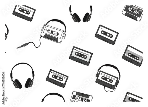 Retro Cassette Tapes & Headphones Vector Pattern