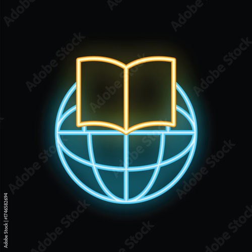 Neon icon showing a book over a globe, representing the concept of global education and knowledge