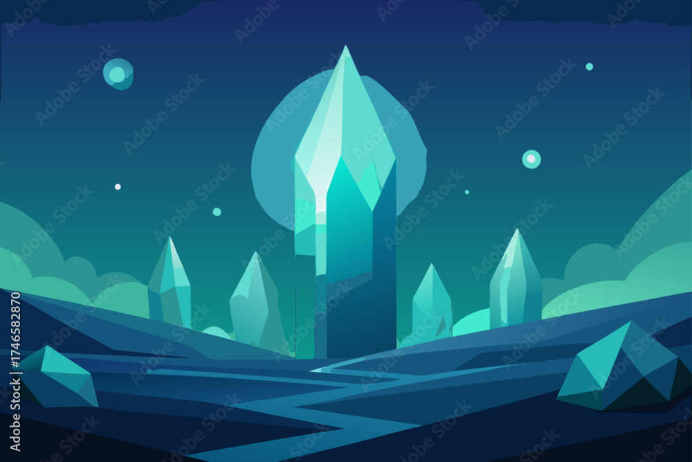 Fototapeta premium Enchanting alien landscape with glowing crystalline structures and ethereal moons under a deep blue twilight sky