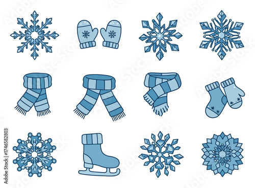 Winter Snowflake Crystal Patterns, Ice Skating, Scarf Mittens Vector