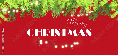 Christmas background text Merry Christmas. Xmas tree branches on red background with garland,. Horizontal card festive border invitation template. Horizontal 3D illustration