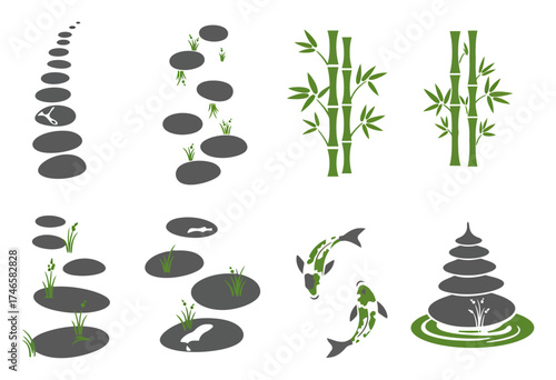 Zen Garden Path Icons: Bamboo, Koi, Meditation, Minimalist Vector