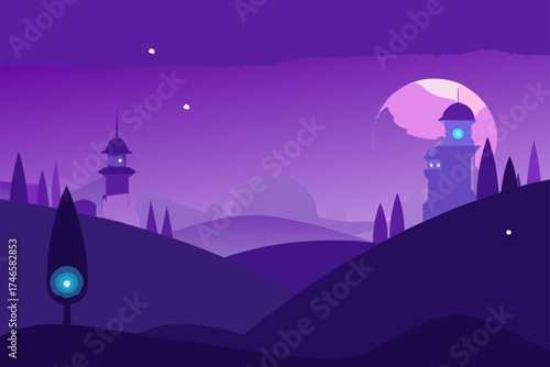 Mysterious alien landscape at twilight with futuristic towers and a large moon in a purple sky