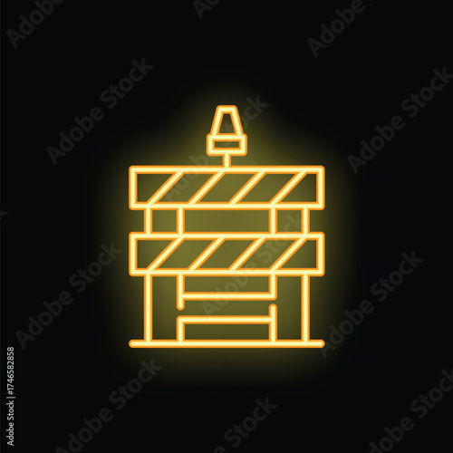 Neon style icon of a roadblock with a signal lamp, glowing on a dark background, representing concepts of construction, warning, and safety