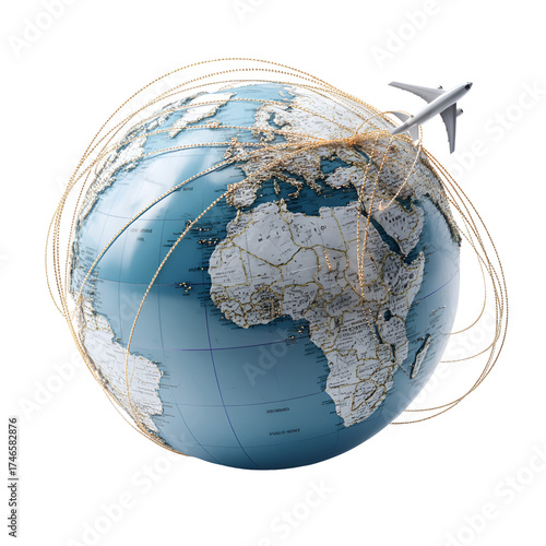 Airplane flying around the earth with travel routes isolated on transparent background