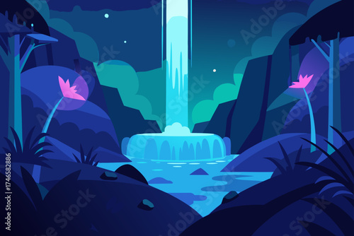 Serene blue waterfall cascading into a tranquil pool surrounded by lush dark foliage and glowing pink flowers under a starry night sky
