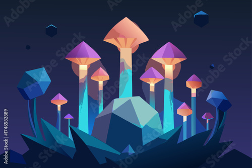 Surreal alien landscape with glowing geometric mushrooms and crystalline structures under a dark night sky