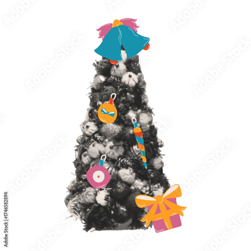 Xmas tree halftone element. Vector illustration for mixed media design isolated on transparent background.