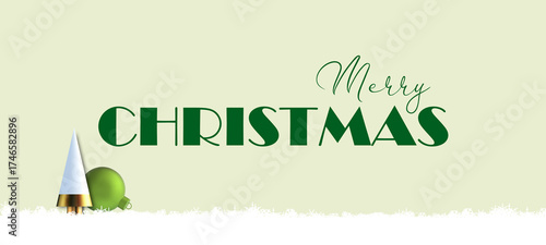Christmas greeting card with abstract Xmas decoration on snow on green. Winter Holiday Posters or banners design in modern style with Christmas tree, bauble and stars. Horizontal 3D illustration