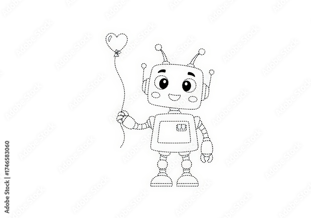 Fototapeta premium Cute cartoon robot character holding heart-shaped balloon with smiling expression and playful design