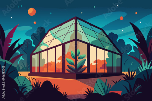Vibrant greenhouse structure surrounded by lush foliage under a starry night sky with celestial bodies