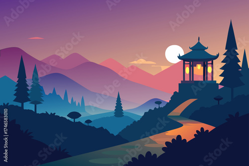 Serene asian landscape at twilight with a traditional pagoda illuminated by lanterns and a full moon