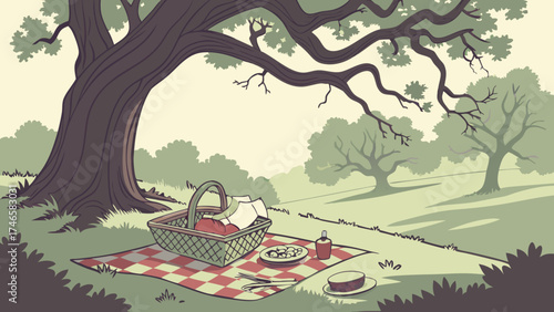 Picnic Basket Under a Tree Summer Outdoor Scene Nature Illustration.