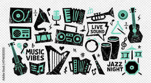 Crayon music sticker rock drawn hand punk art elements with trumpet, drums and harp. Crayon music doodle vector illustration with grunge marker line for retro jazz festival design.