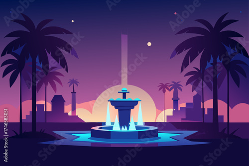 Stylized flat illustration of a vibrant blue water fountain at twilight surrounded by silhouetted palm trees and distant city skyline