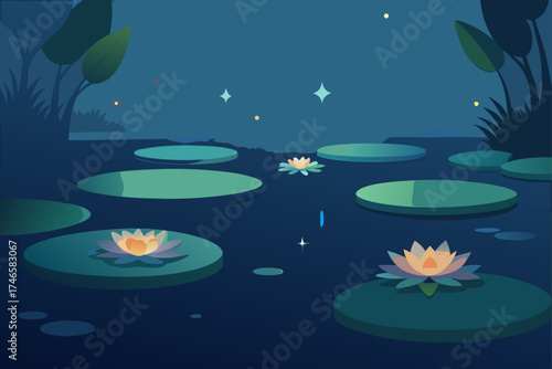 Tranquil night scene of a serene pond filled with blooming water lilies and lily pads under a starry sky with subtle glowing lights