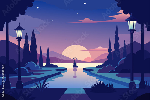 Tranquil park landscape at twilight with a large sun setting over distant mountains and a calm lake reflecting the sky and lampposts