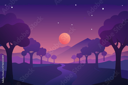 Serene minimalist landscape with a winding river and silhouetted trees under a vibrant gradient sky with a large sun and distant mountains
