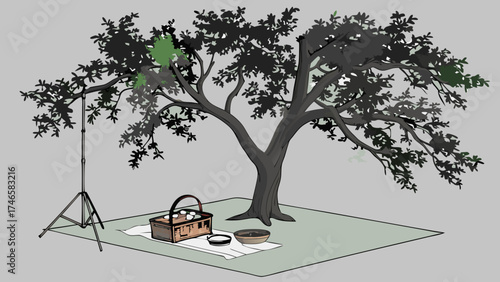 Picnic under a large tree with a tripod stand and basket illustration.
