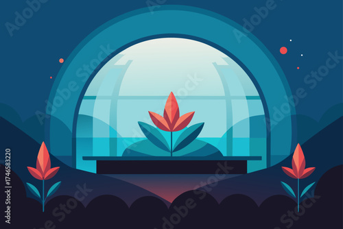 Stylized abstract illustration of vibrant red flowers with green leaves inside a modern architectural structure with a large arched window overlooking a serene blue landscape and sky