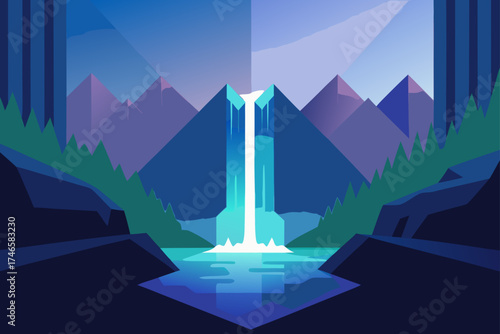 Serene abstract geometric waterfall cascading into a tranquil blue lake surrounded by stylized mountains and dark forest trees