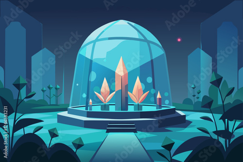 Futuristic glowing crystal monument under a glass dome in a surreal alien landscape at night