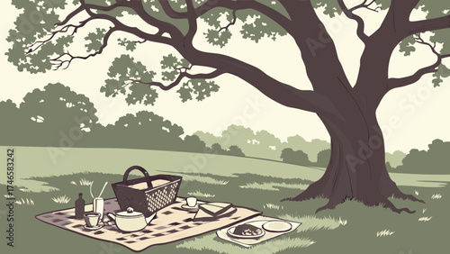 Picnic under a large tree in a park food and drinks on a blanket summer outdoor scene.