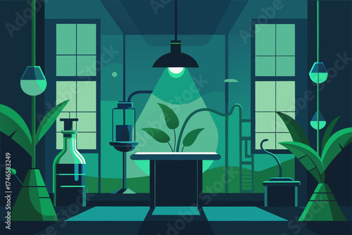 Stylized illustration of a dimly lit laboratory with plants and scientific equipment under a single hanging lamp