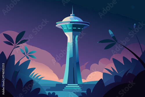 Stylized futuristic observation tower illuminated by twilight glow amidst lush tropical foliage and dramatic clouds