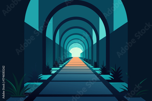 Stylized minimalist illustration of a long architectural corridor with repeating arches leading to a bright light at the end