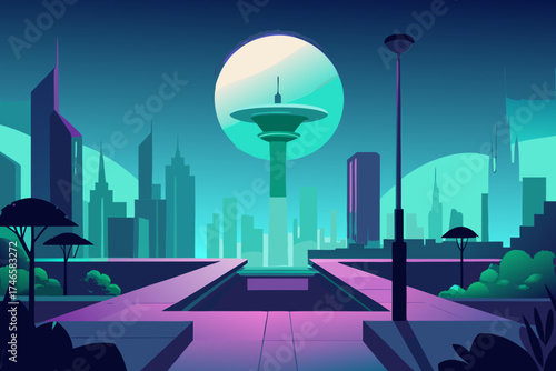 Futuristic cityscape with towering skyscrapers and a large glowing moon in a teal and purple twilight sky