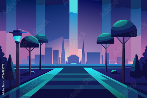 Stylized cityscape at twilight with glowing streetlights and geometric trees lining a futuristic path