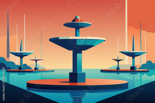 Futuristic cityscape with abstract geometric towers rising from calm water under a vibrant orange sky