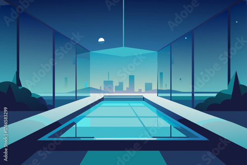 Modern minimalist indoor swimming pool with panoramic city skyline view at dusk with moon and subtle lighting