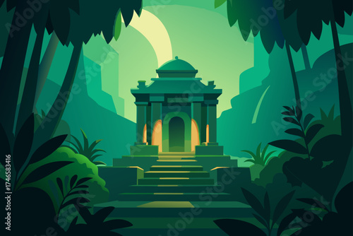 Mysterious ancient temple structure with glowing entrance nestled within a lush vibrant jungle forest at dawn