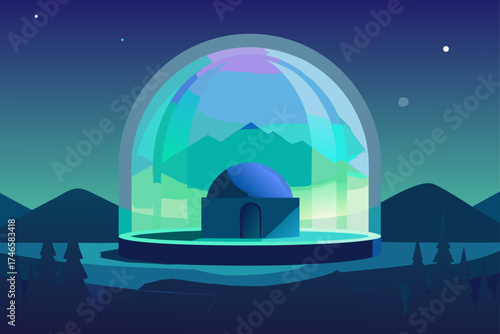 Enclosed futuristic dome structure with mountains and stars in a stylized night landscape