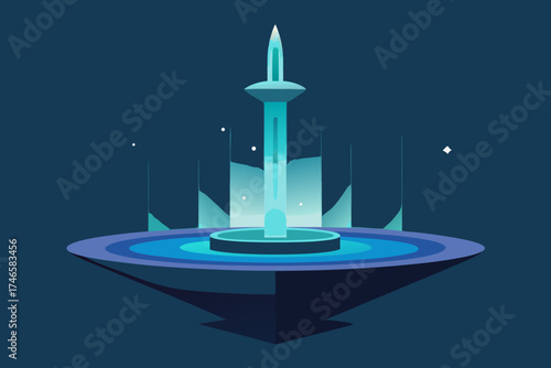 Futuristic glowing fountain structure on a floating island with a dark blue night sky and subtle stars