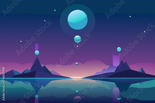 Surreal alien landscape with geometric mountains and glowing orbs reflecting in a calm lake under a twilight sky