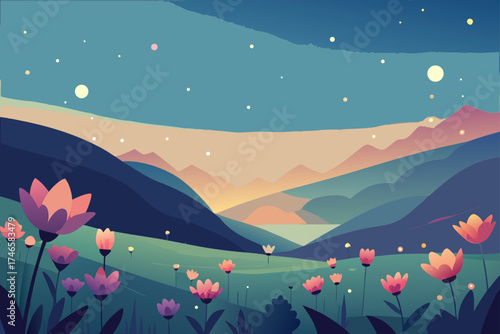 Serene landscape with blooming flowers under a starry sky and distant mountains at twilight