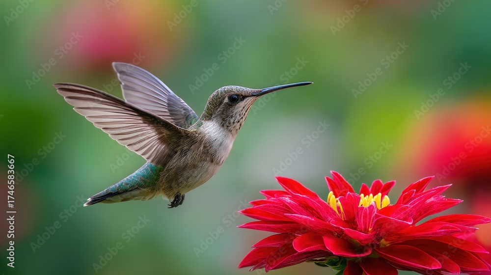 Fototapeta premium hummingbird. A hummingbird hovers near a red flower, its wings moving fast against a green background. wildlife magazines, conservation campaigns, designed for nature documentaries and education.