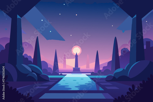 Surreal alien landscape with a glowing moon and futuristic structures under a starry twilight sky