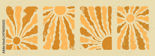 Groovy abstract sunburst design set with bold wavy rays and distressed textures in a retro boho style