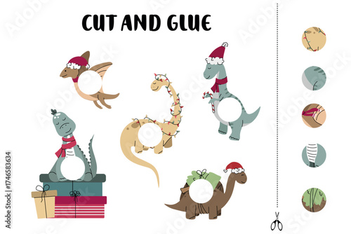 Christmas-themed cut and glue activity with dinosaurs wearing festive hats and scarves, designed for preschool kids to match and paste circle cutouts while developing visual and fine motor skills