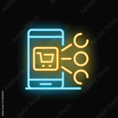 Neon sign of a smartphone sending a shopping cart symbol, representing online shopping and marketing