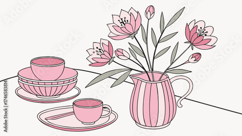 Pink floral arrangement with teacups and plates illustration.