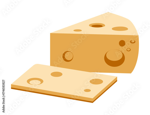 Cheese vector with wedge and slice showing holes, dairy food illustration perfect for cooking, menu, and packaging design.