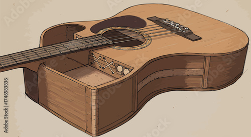 Vintage Hand-Drawn Deconstructed Acoustic Guitar Anatomy Illustration